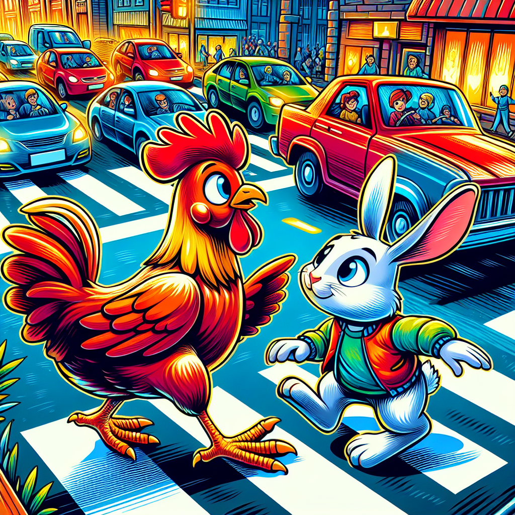 A vibrant illustration of a chicken and a rabbit crossing a busy road