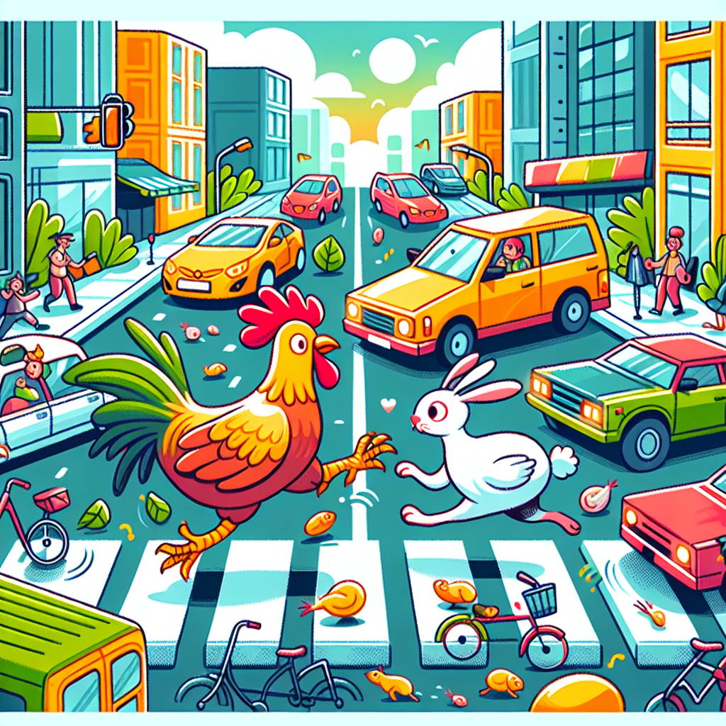 A colorful illustration of a chicken and a rabbit crossing a busy road