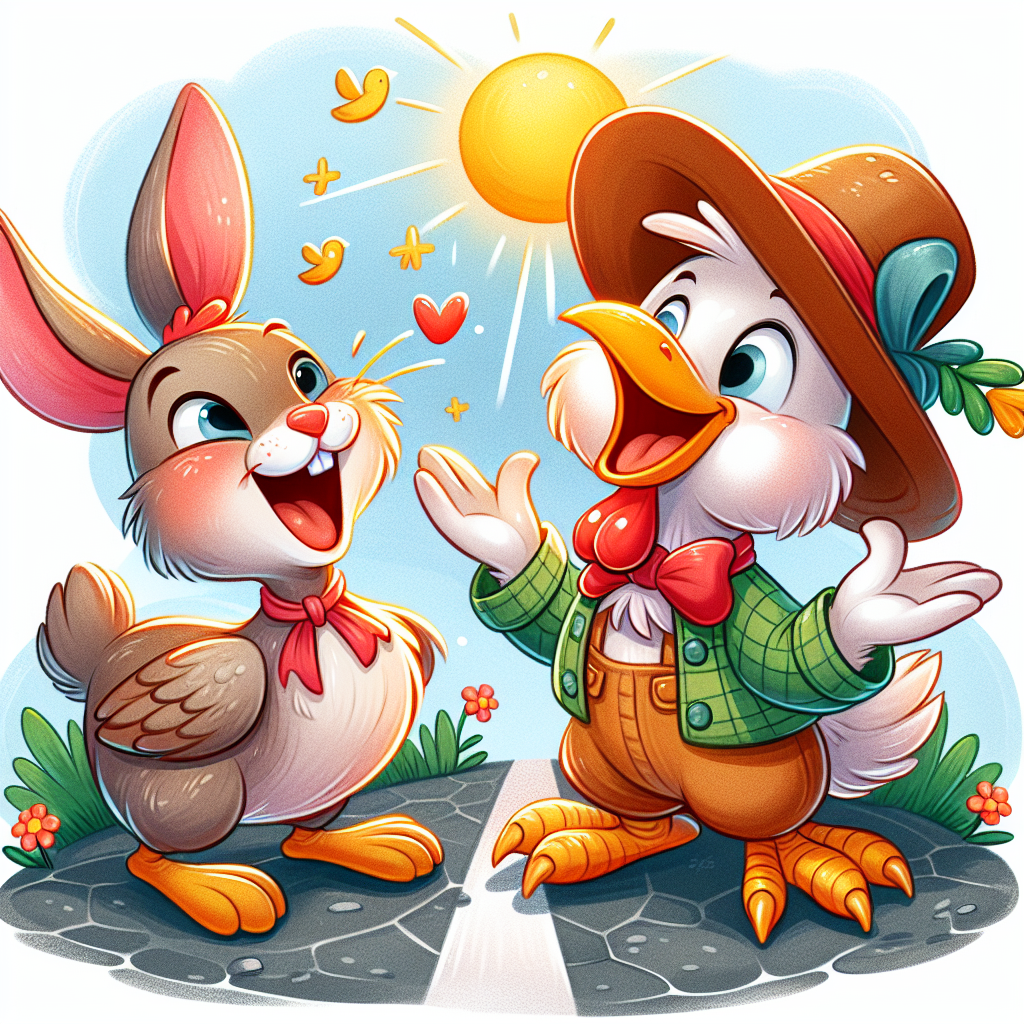 A humorous depiction of a chicken and rabbit sharing a funny moment